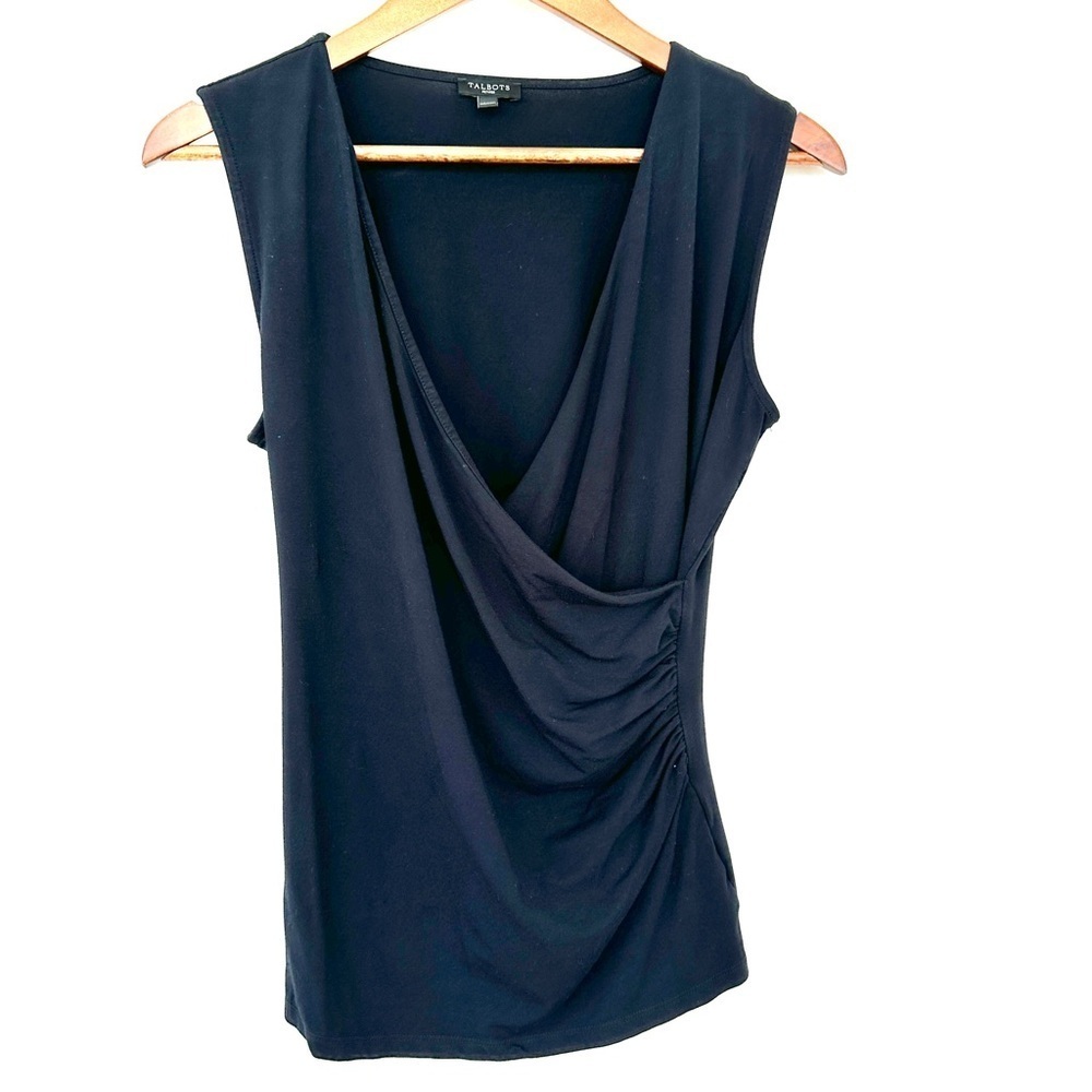 Talbots Black Sleeveless Surplice Top, sleeveless, stretch knit